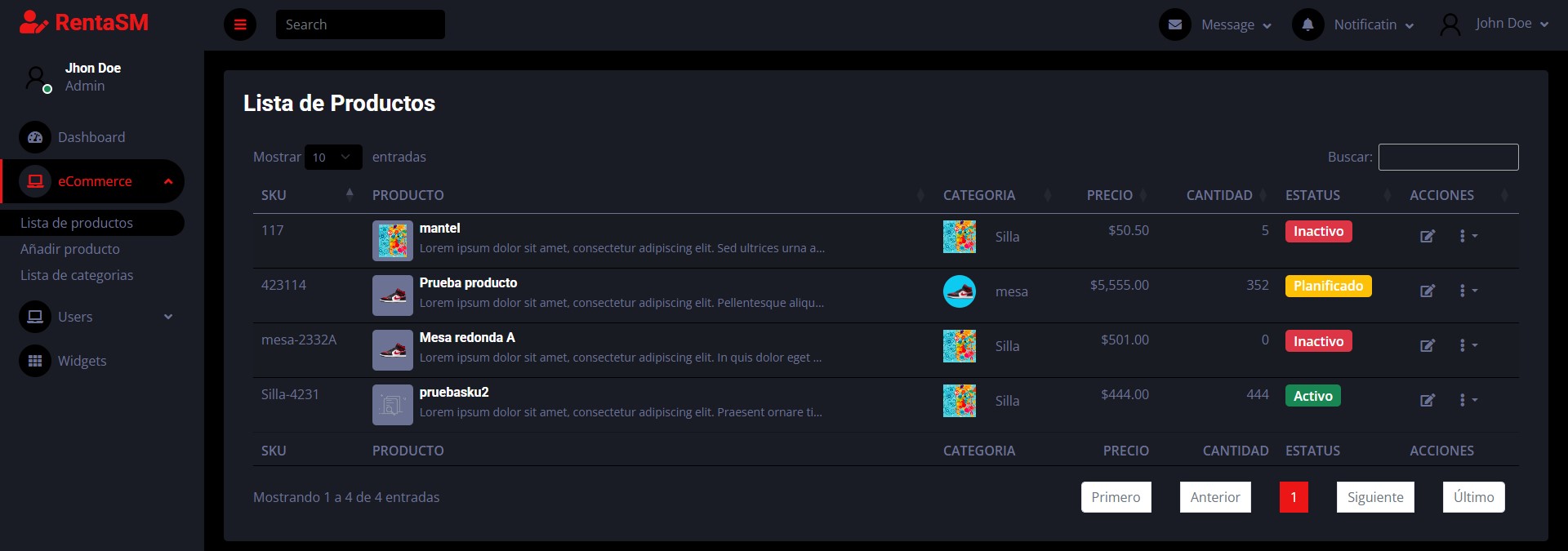 Listado de productos en RentaSM