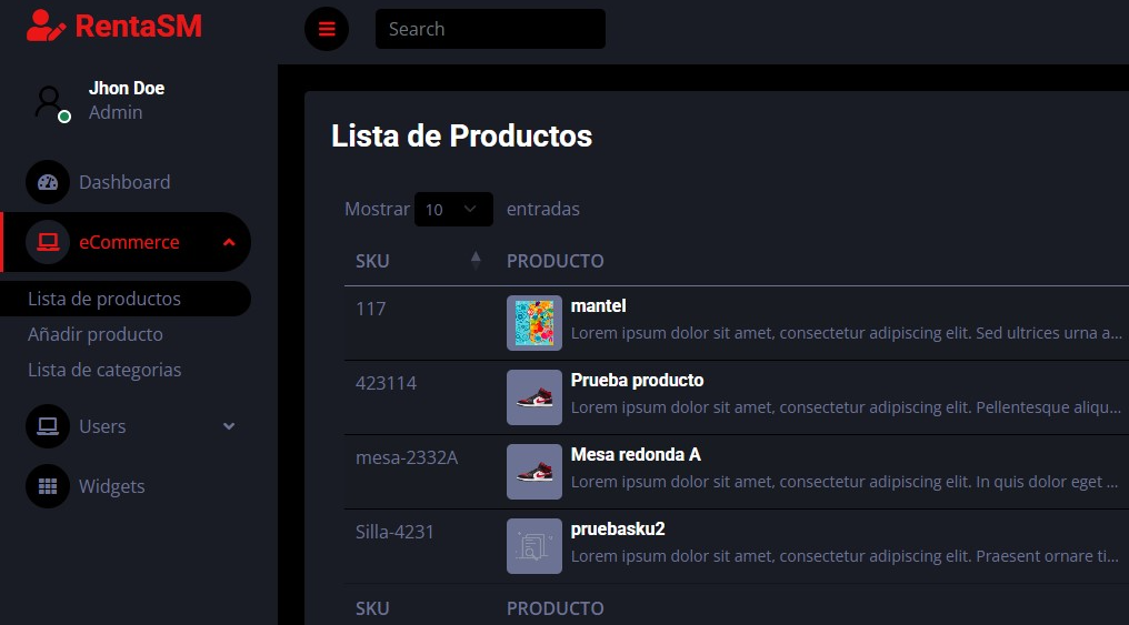 Listado de productos del sistema RentaSM